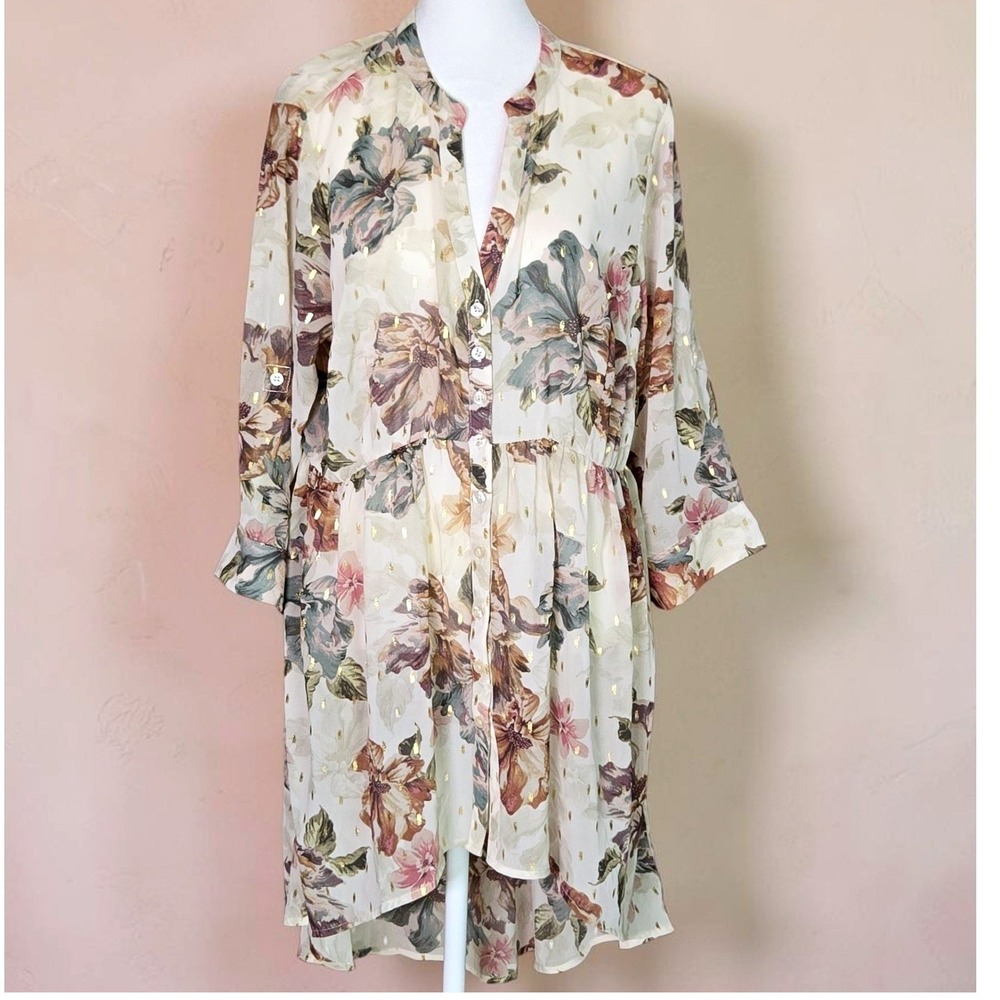Torrid Floral Gold Foil Button Front High Low Shirt Dress Duster Size 0 Garden